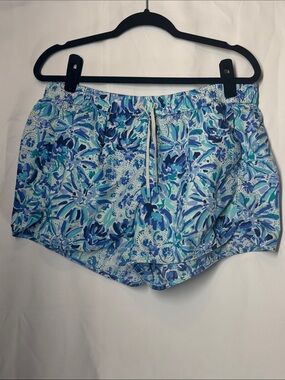 Lilly Pulitzer Blue Aqua Floral Drawstring Athletic  Swim Shorts